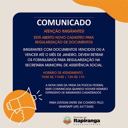 SECRETARIA DE ASSISTÊNCIA SOCIAL ABRE CADASTRO PARA IMIGRANTES REGULARIZAR DOCUMENTAÇÃO