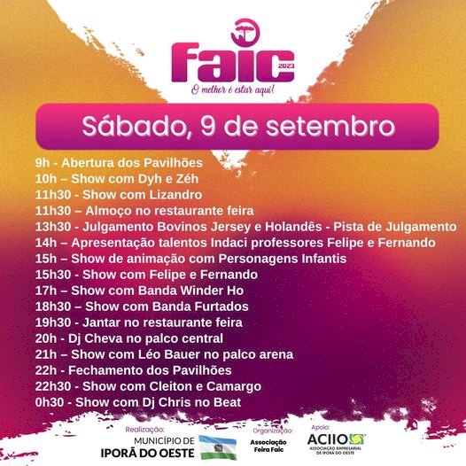 Programação deste sábado na FAIC 2023!