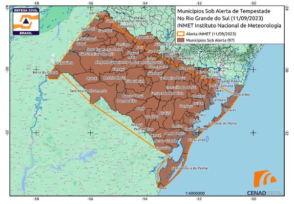 Defesa Civil Nacional emite novo alerta de chuvas intensas no RS