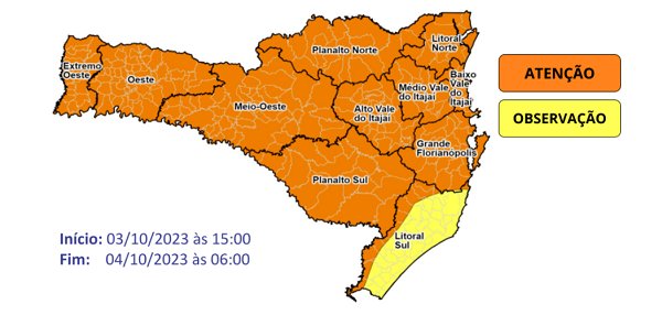 Defesa Civil alerta para temporais e chuva volumosa para Santa Catarina