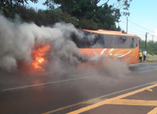 Micro-ônibus fica destruído após pegar fogo na BR-282