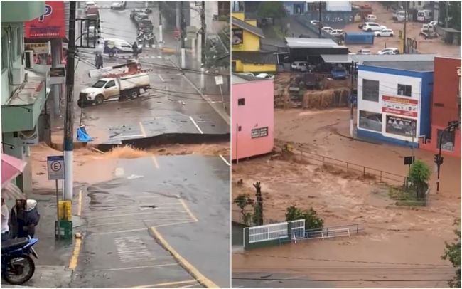 Enxurrada derruba comércio e rompe asfalto após fortes chuvas em cidade de SC