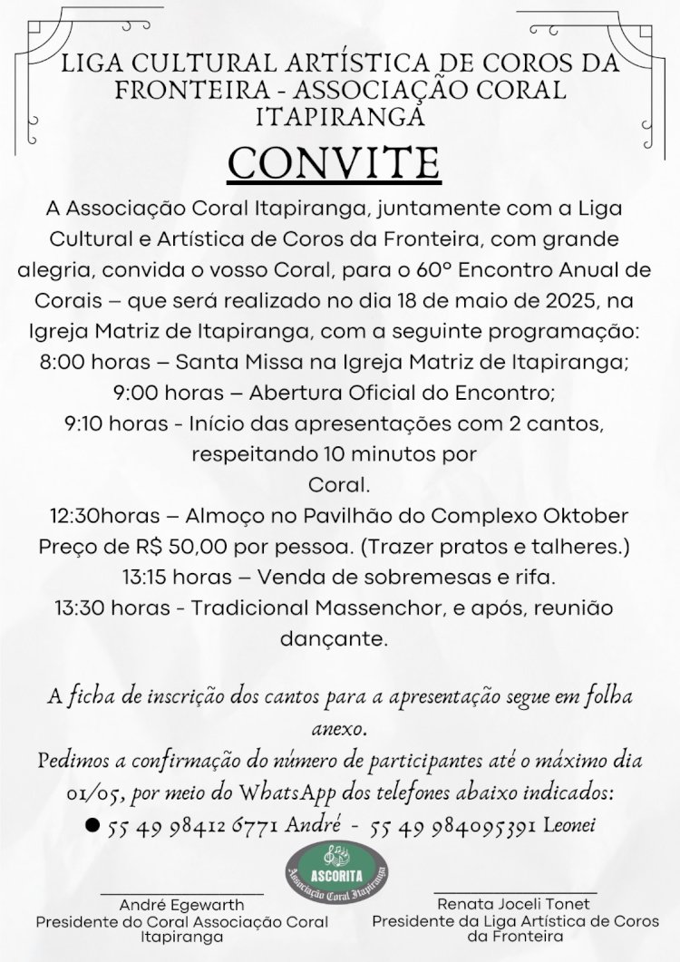 Itapiranga vai sediar encontro de Corais com participação de mais de 400 cantores